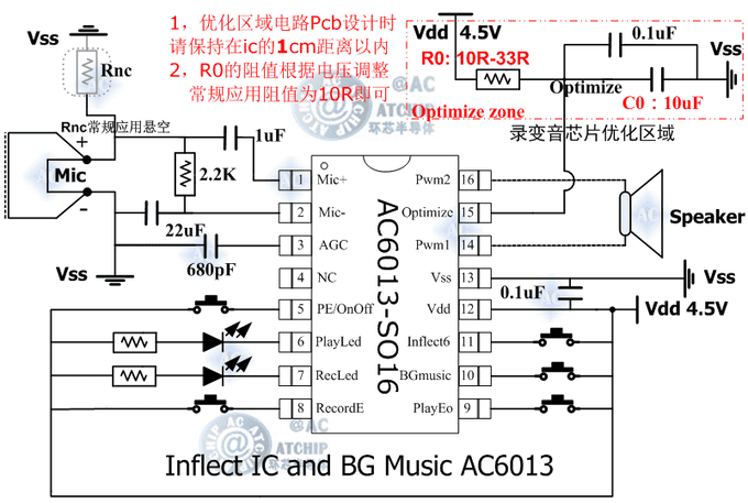 錄變音芯片十秒帶背景音樂(lè)AC6013應(yīng)用電路(10 Seconds)