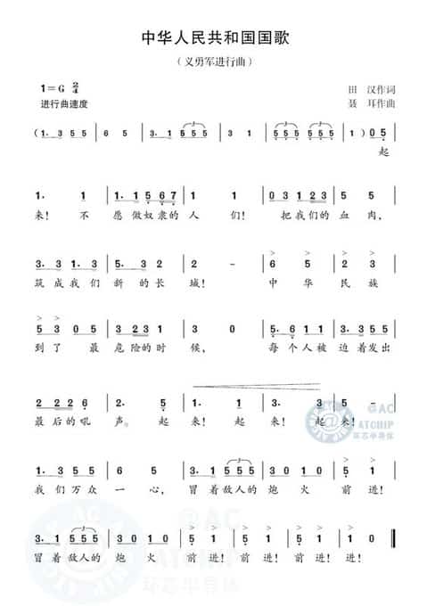 唱國歌音樂芯《義勇軍進行曲》(簡譜)資料