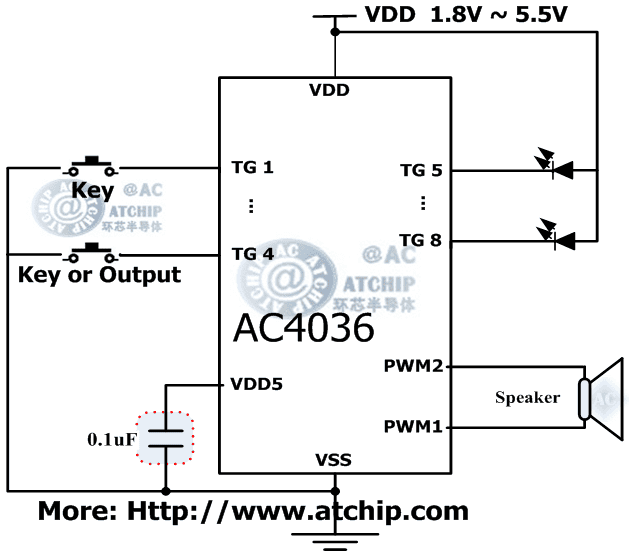AC4036 diagram 與地觸發(fā)有效帶單片機MCU控制的OTP語音芯片電路接線圖